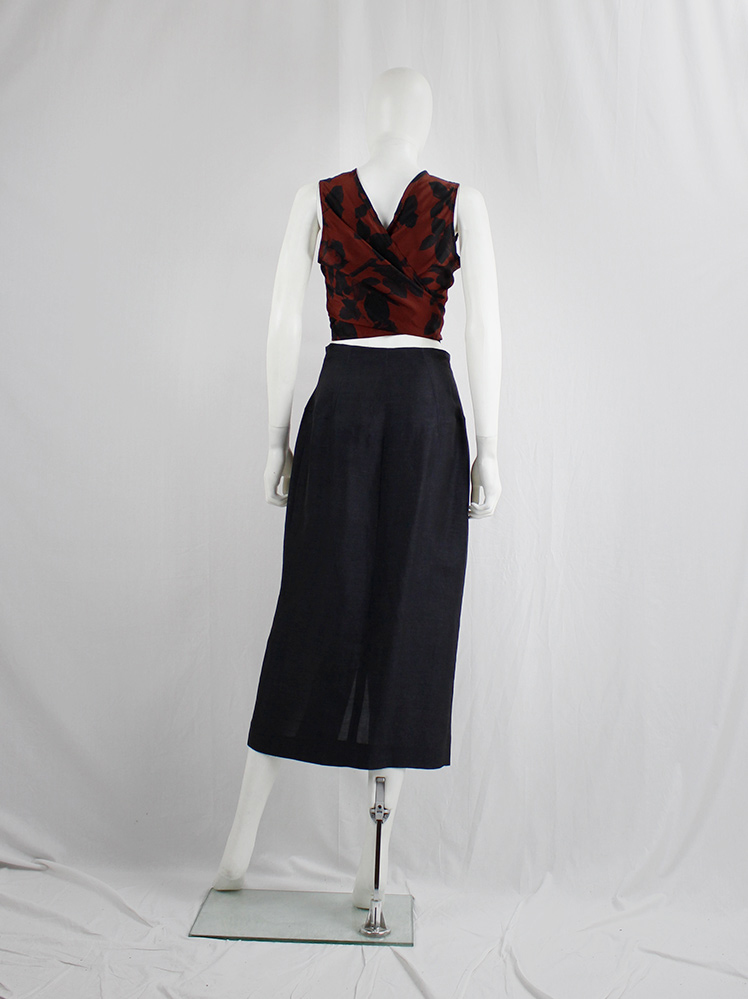 Dries Van Noten red wrapped crop top with black roses print