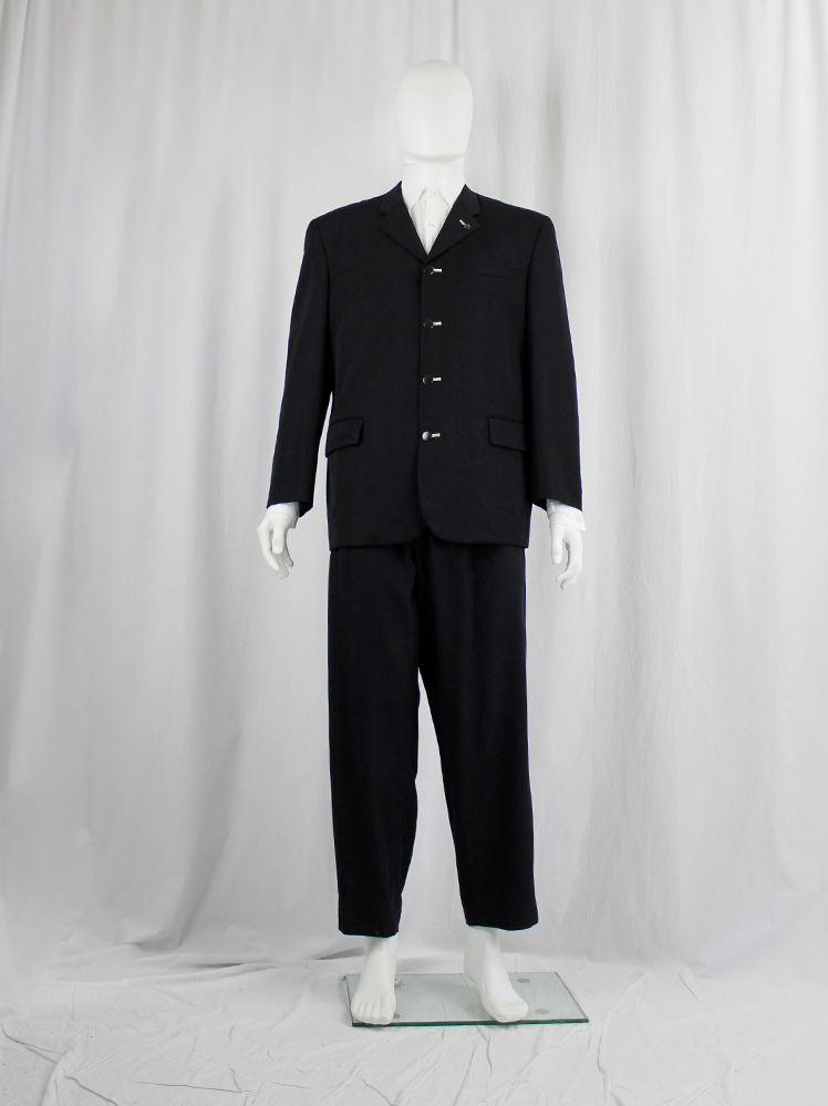 〔Vintage〕90s Black navy Simple suit デカ襟 Comme des Garçons Homme black blazer with press buttons on