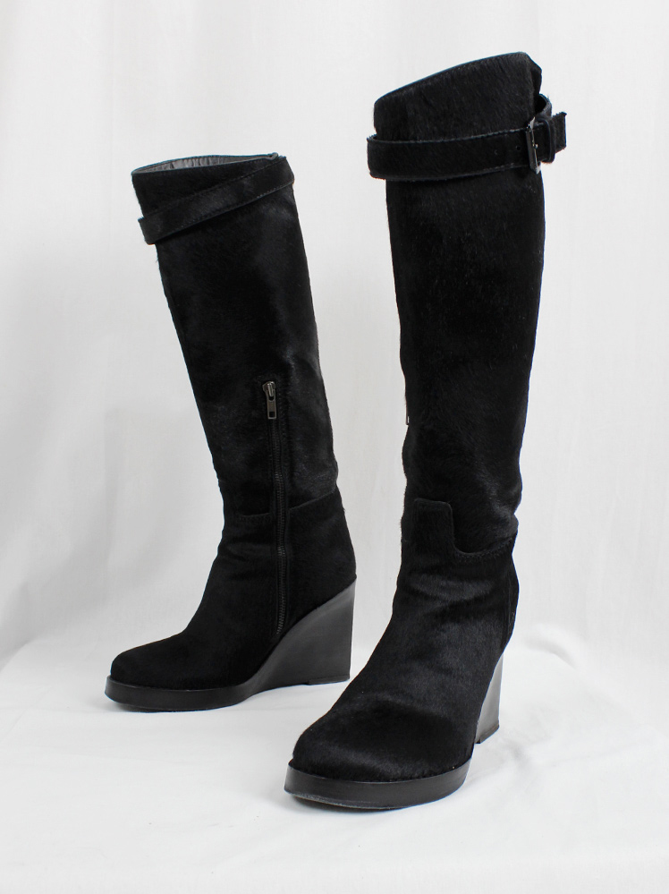 Ann Demeulemeester tall black ponyskin wedge boots with belt Ann Demeulemeester tall black ponyskin wedge boots with belt