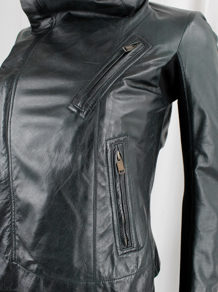 Rick Owens dark green leather asymmetric biker jacket with high