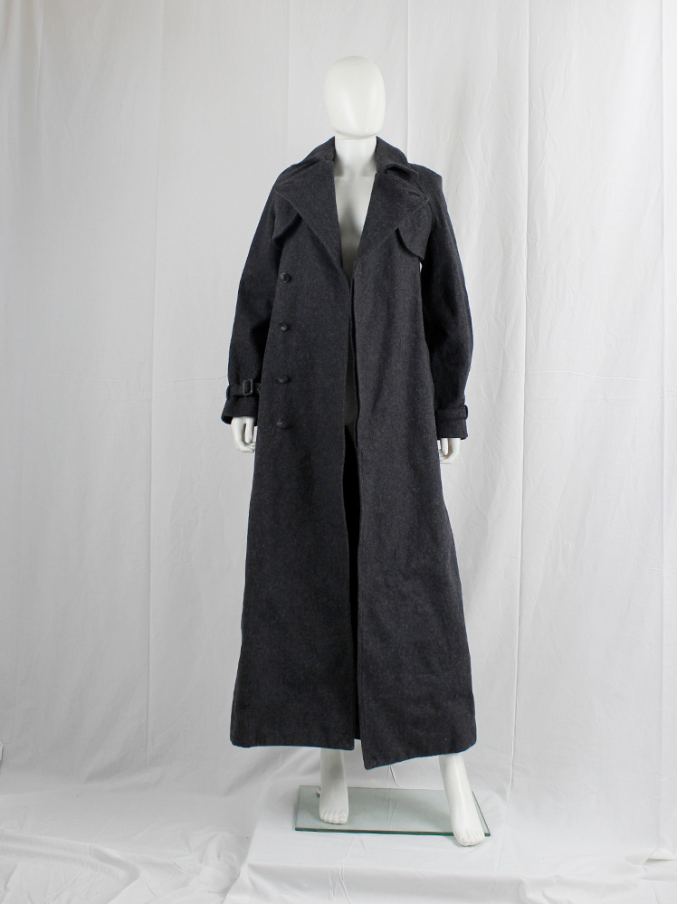 A.F. Vandevorst grey wrinkled wool maxi coat with interwoven