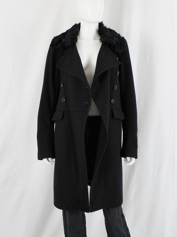 vintage Ann Demeulemeester black long double breasted coat with sheepskin collar (1)