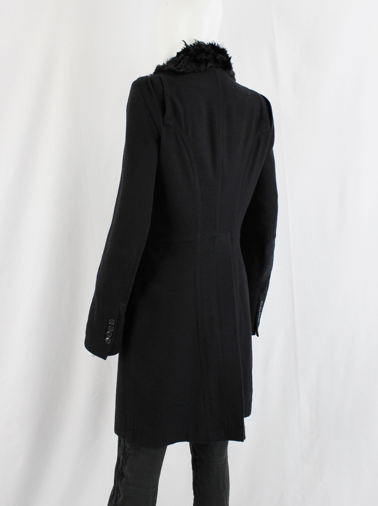 vintage Ann Demeulemeester black long double breasted coat with sheepskin collar (13)