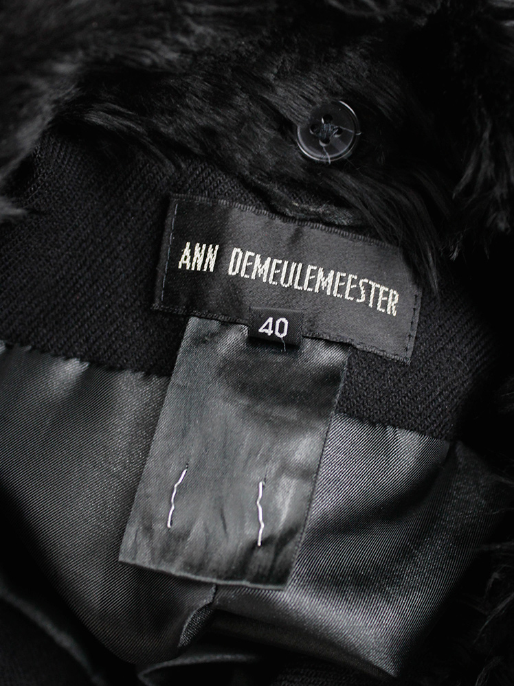 vintage Ann Demeulemeester black long double breasted coat with sheepskin collar (20)