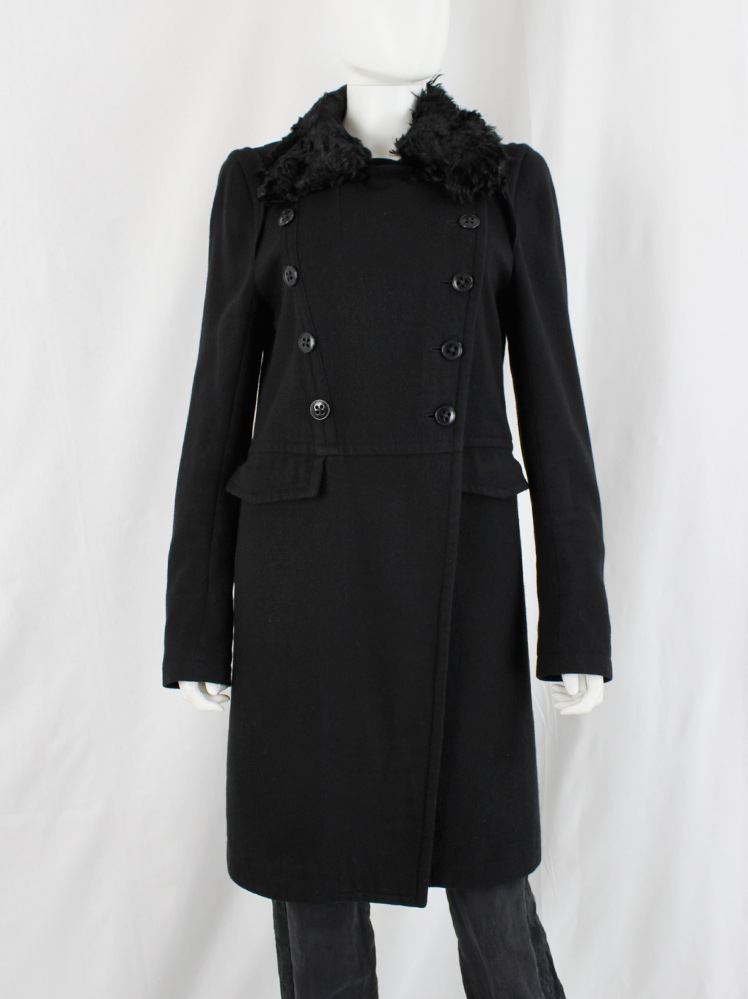 vintage Ann Demeulemeester black long double breasted coat with sheepskin collar (4)