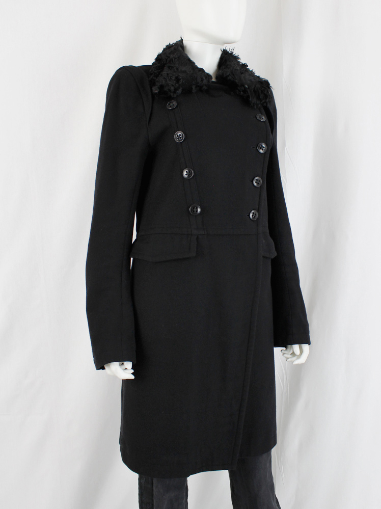 vintage Ann Demeulemeester black long double breasted coat with sheepskin collar (7)