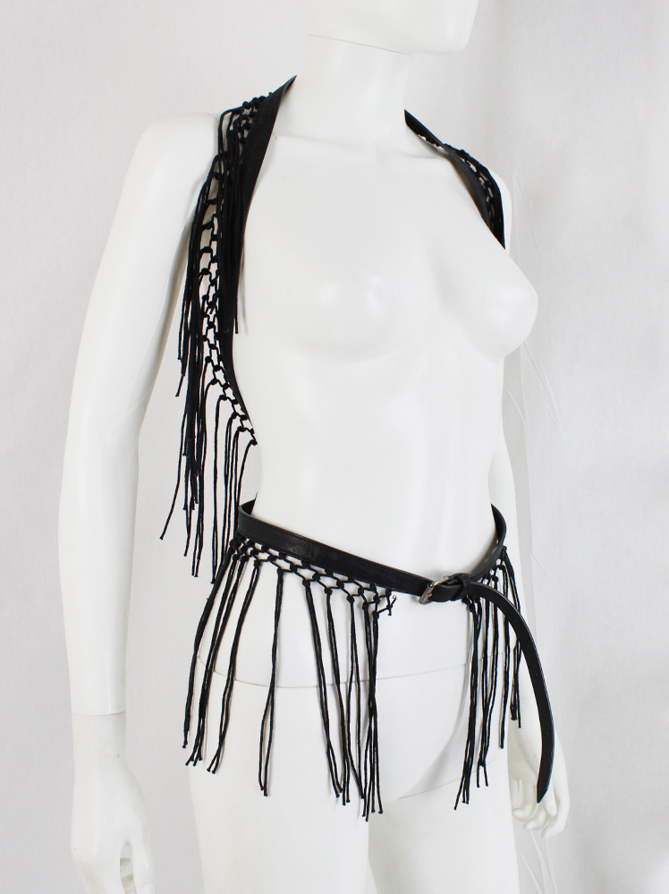 Ann Demeulemeester long leather belt with macramé fringe