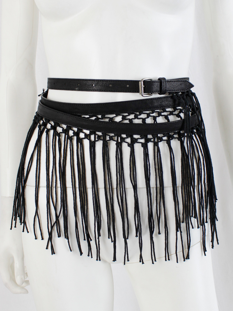 Ann Demeulemeester long leather belt with macramé fringe