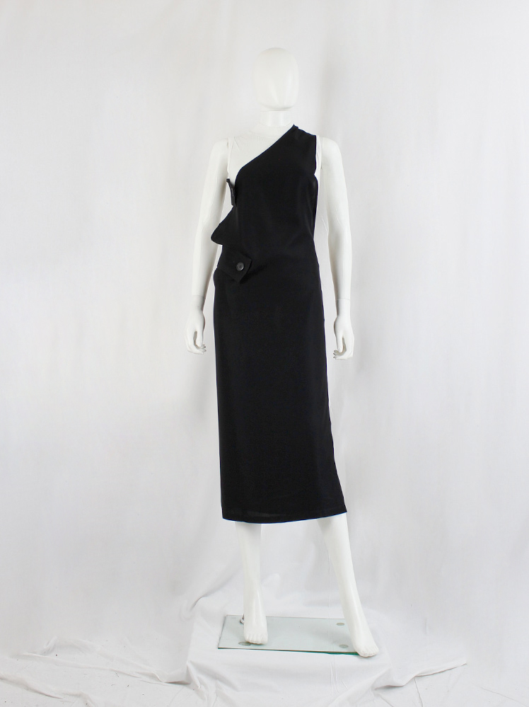 vintage Ys Yohji Yamamoto black one-shoulder dungaree dress with pencil skirt (3)