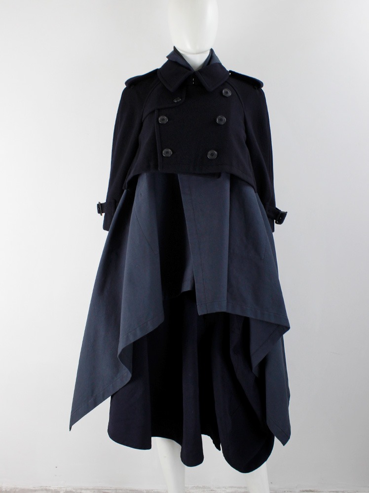Comme des Garçons navy long draped coat with cropped wool