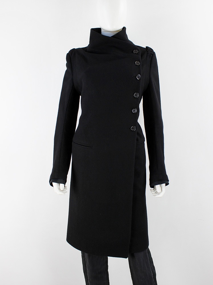 Ann Demeulemeester black long coat with asymmetric button closure