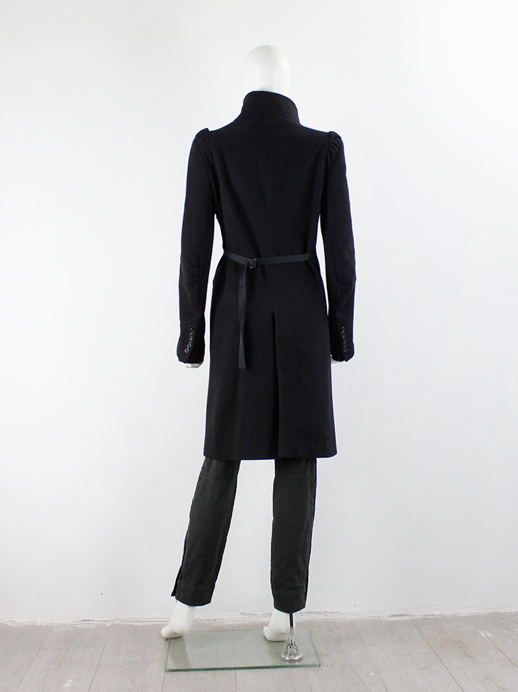 Ann Demeulemeester black long coat with asymmetric button closure 