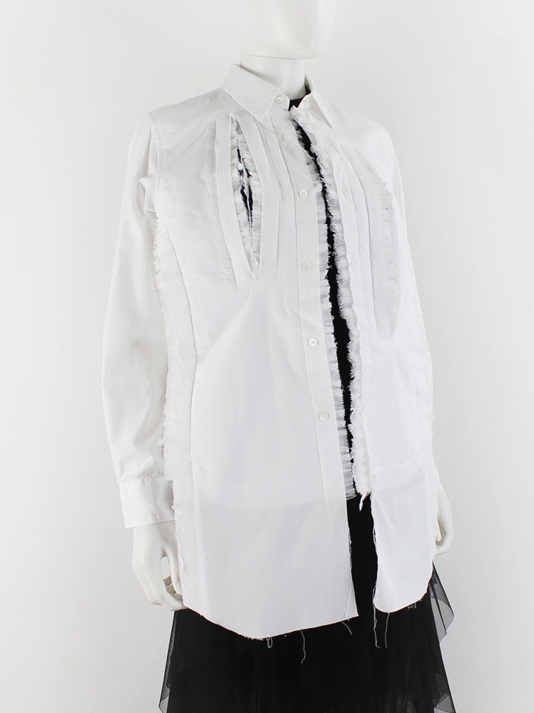 Comme des Garçons white shirt with vertical slits and ruffled