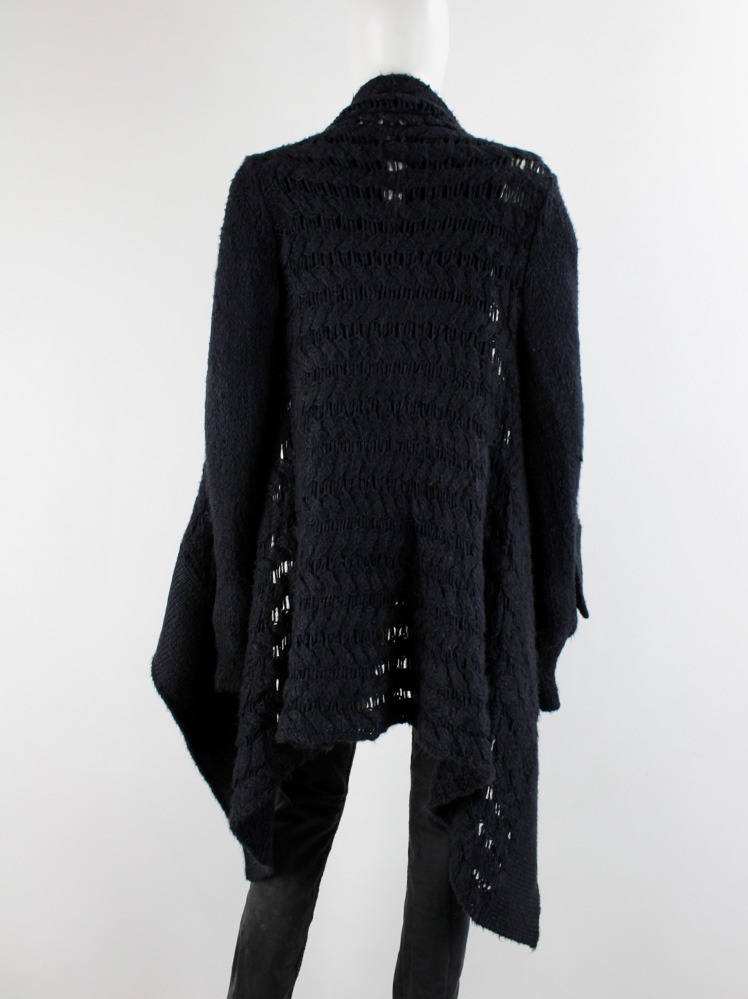 Rick Owens SPHINX black waterfall draped cardigan in an open knit