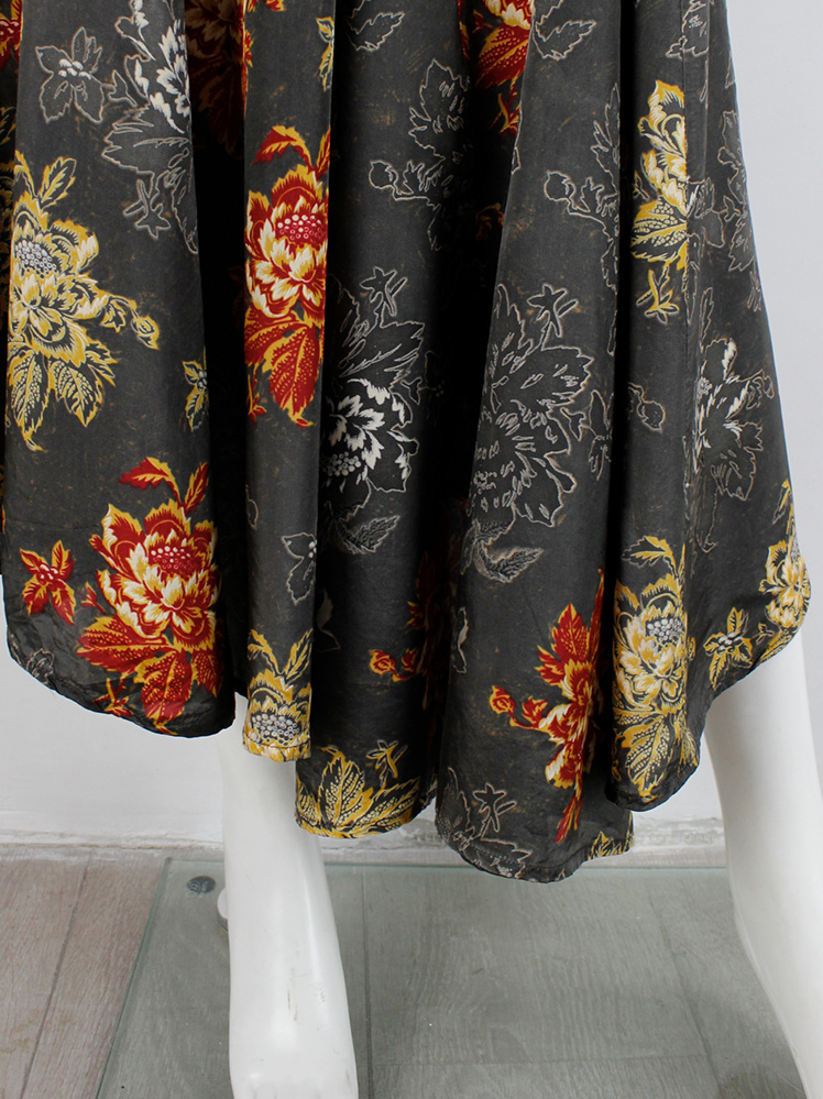 Dries Van Noten dark green front draped skirt with red and yellow