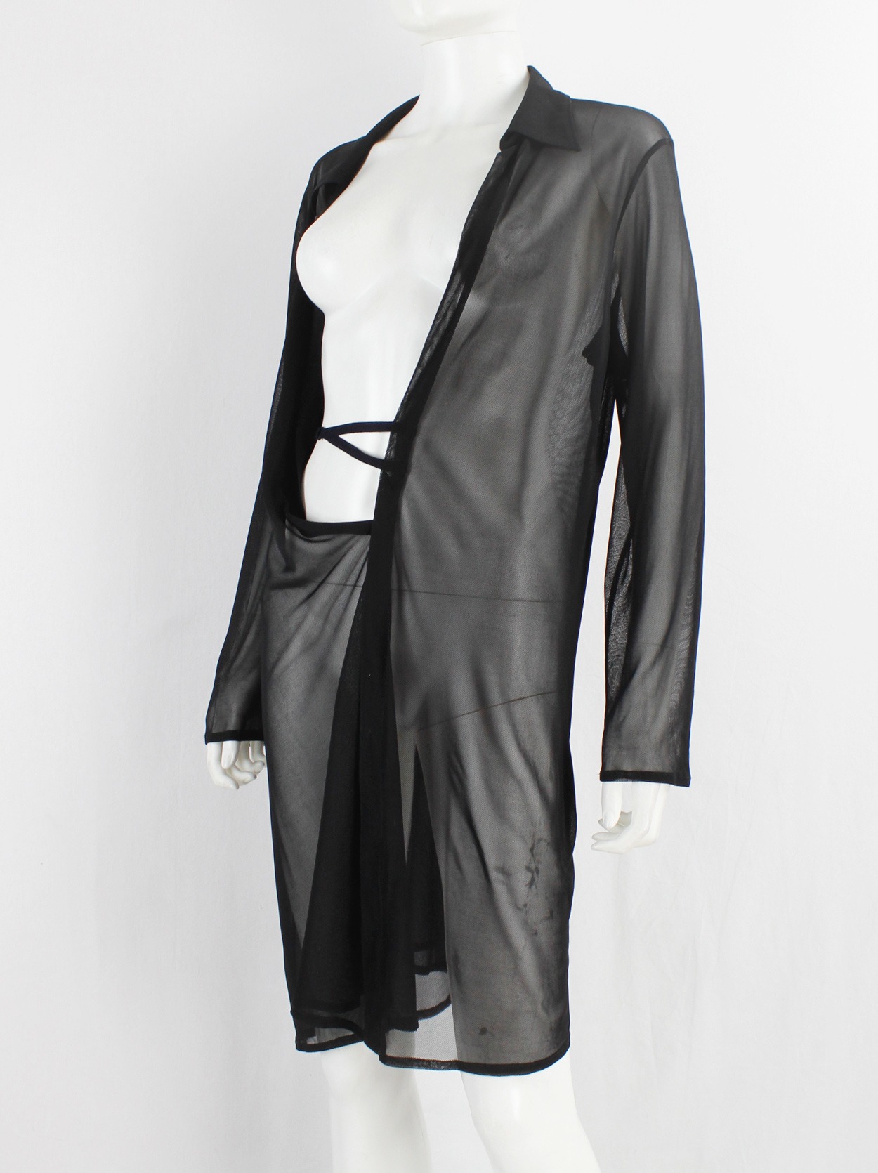Ann Demeulemeester black sheer shirt dress worn half open — fall