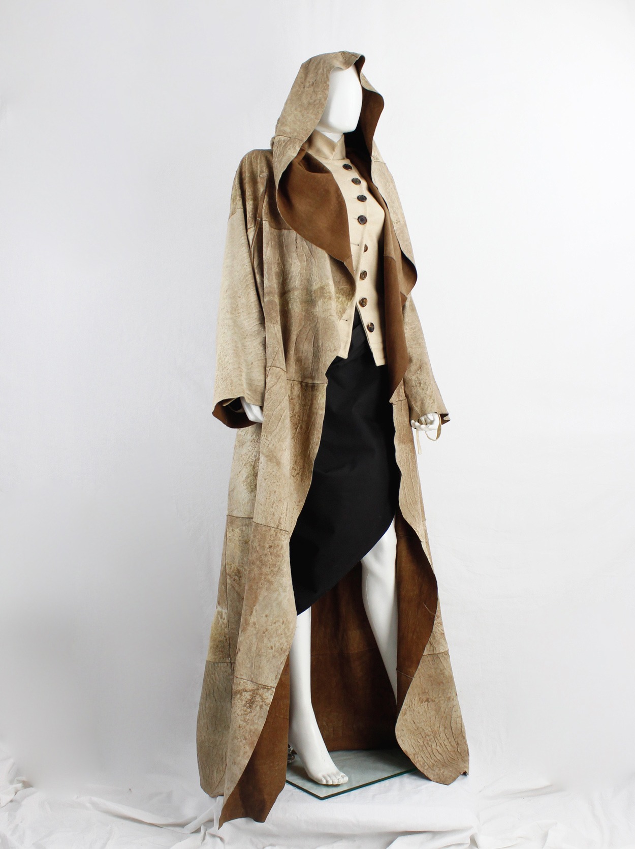 Ann Demeulemeester light brown raw leather hooded robe-style maxi 