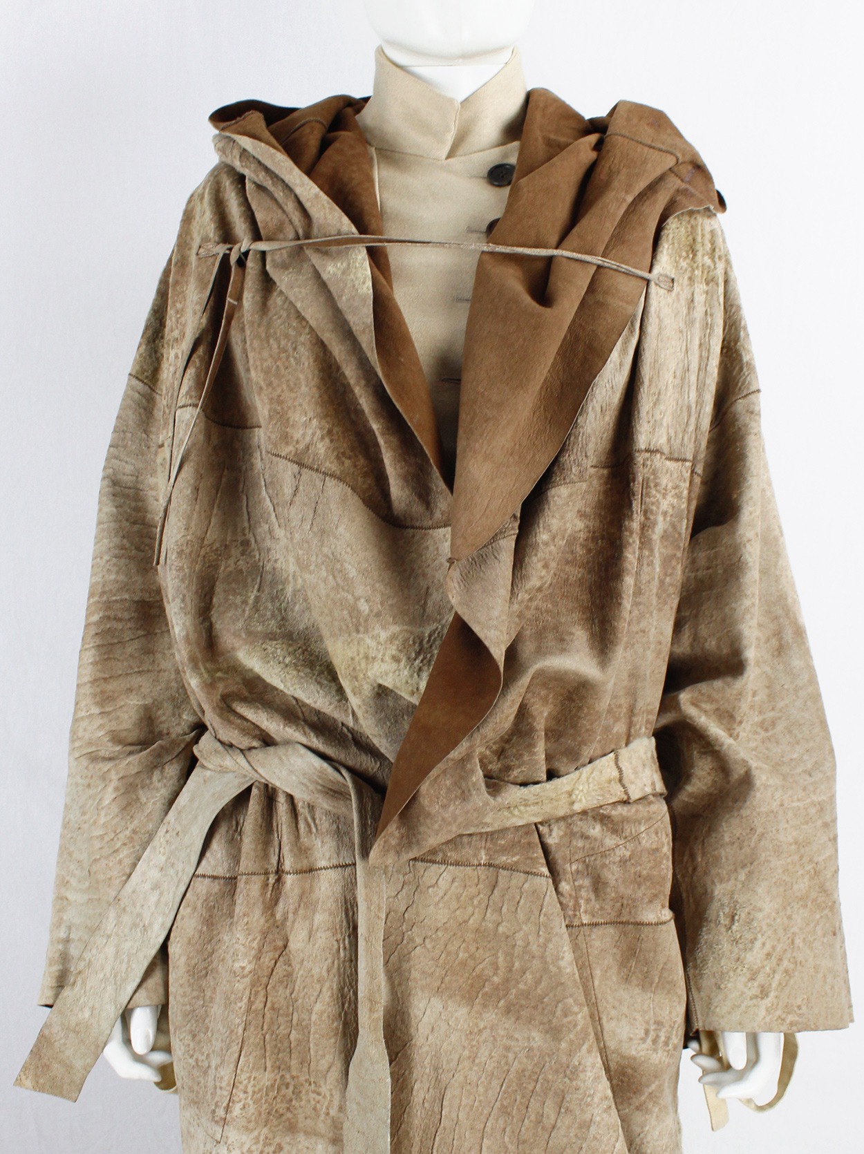 Ann Demeulemeester light brown raw leather hooded robe-style maxi 