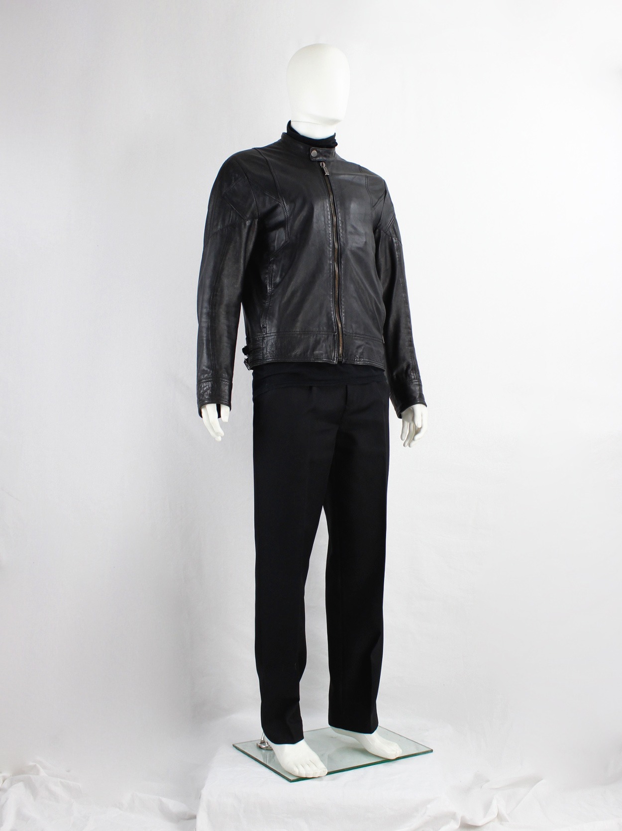 Bikkembergs White Label black leather moto jacket with panelled 