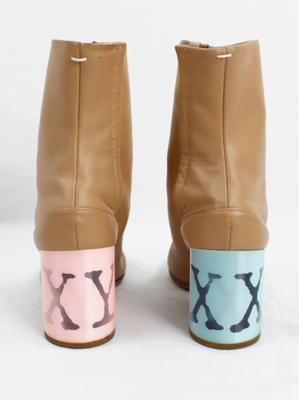 Maison Margiela camel tabi boots with pink and blue XY hologram