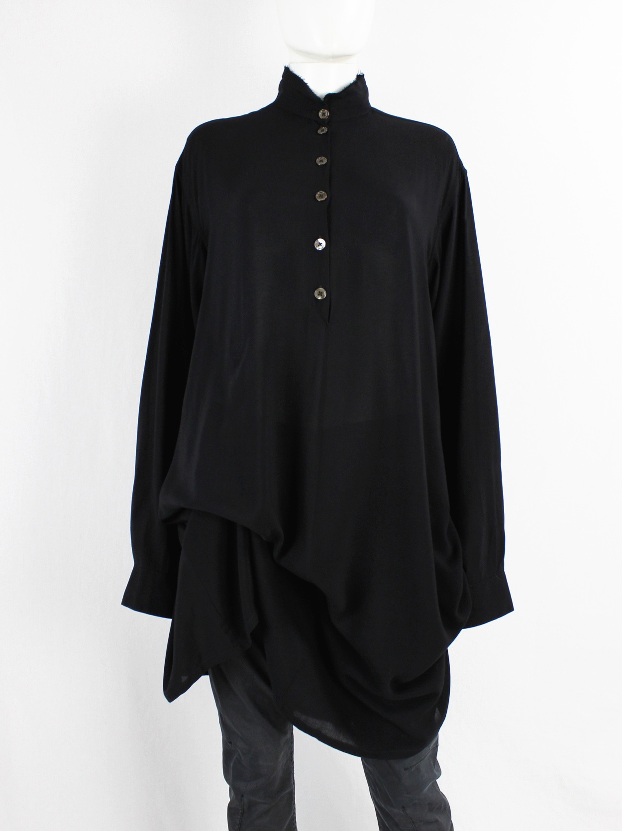 Ann Demeulemeester black gathered drape shirt with double frayed