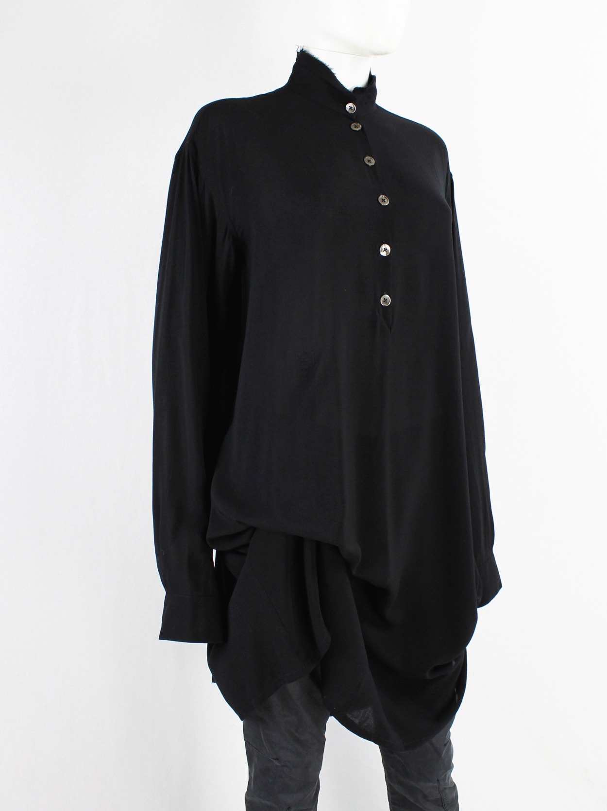 Ann Demeulemeester black gathered drape shirt with double frayed 