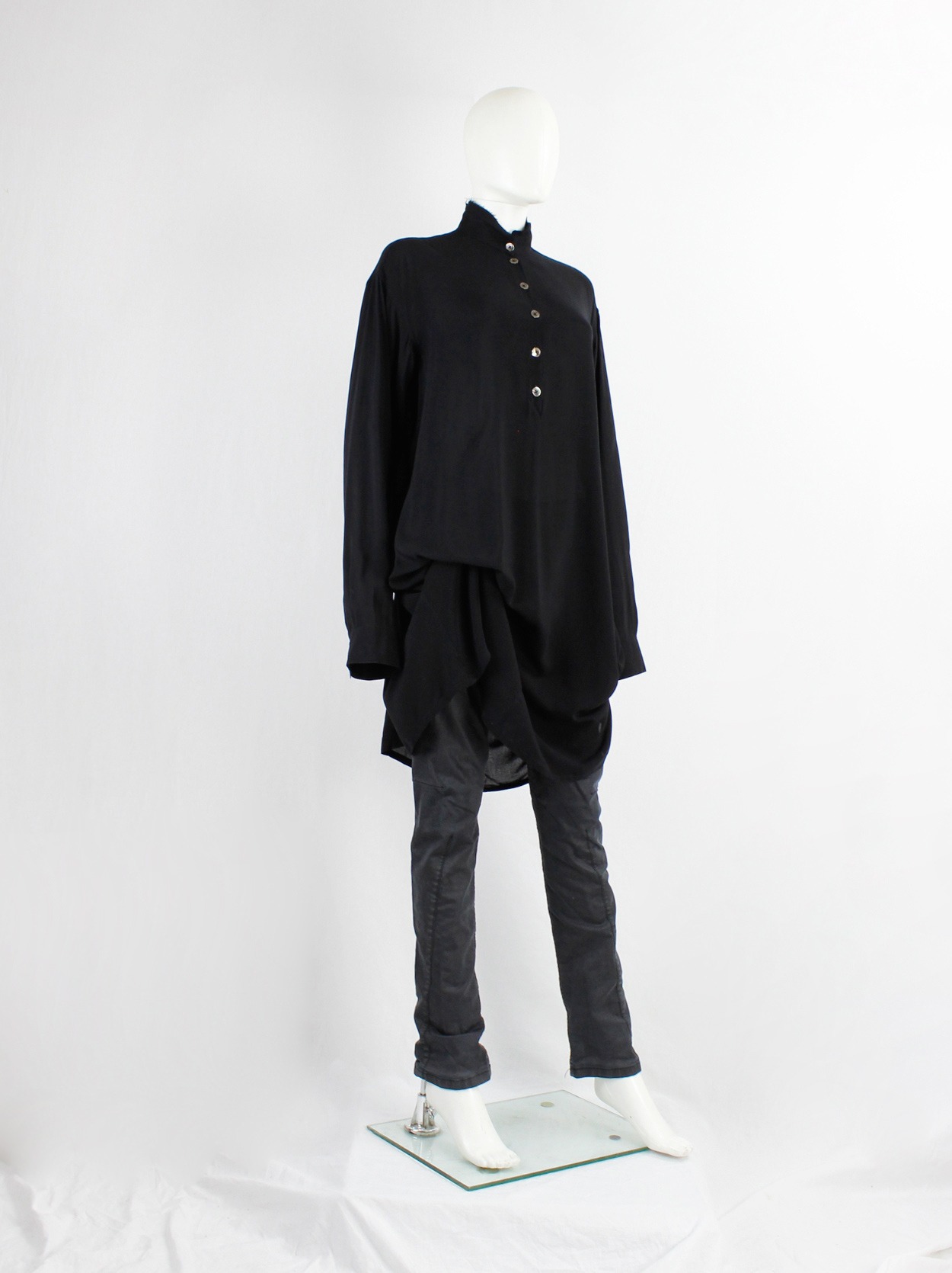 Ann Demeulemeester black gathered drape shirt with double frayed 
