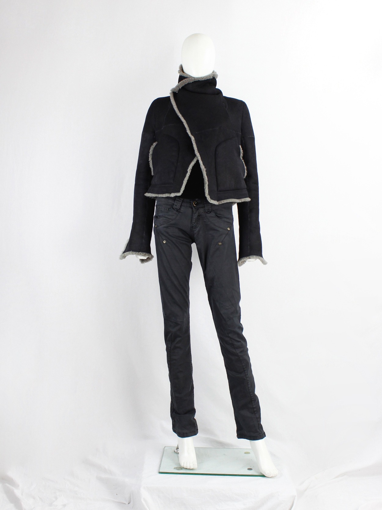 Rick Owens LARRY black reversed mouton biker with grey shearling