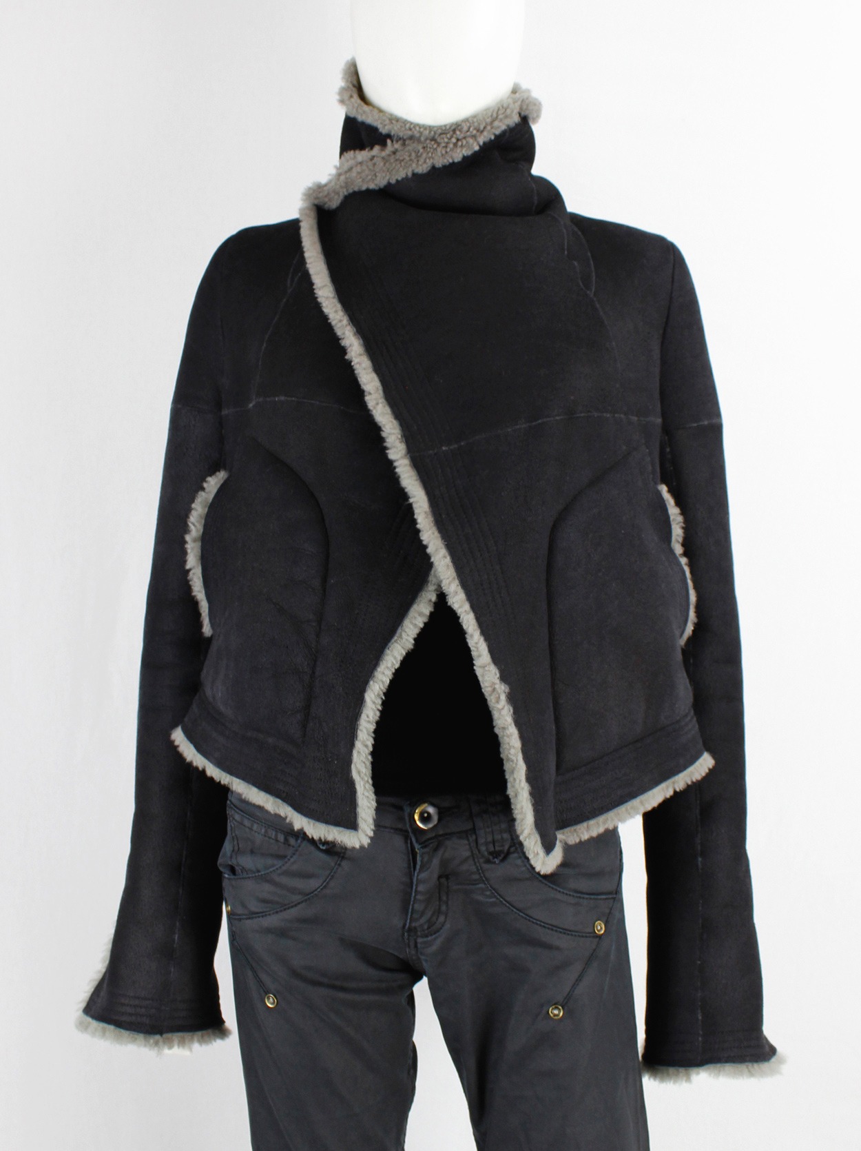 Rick Owens LARRY black reversed mouton biker with grey shearling 