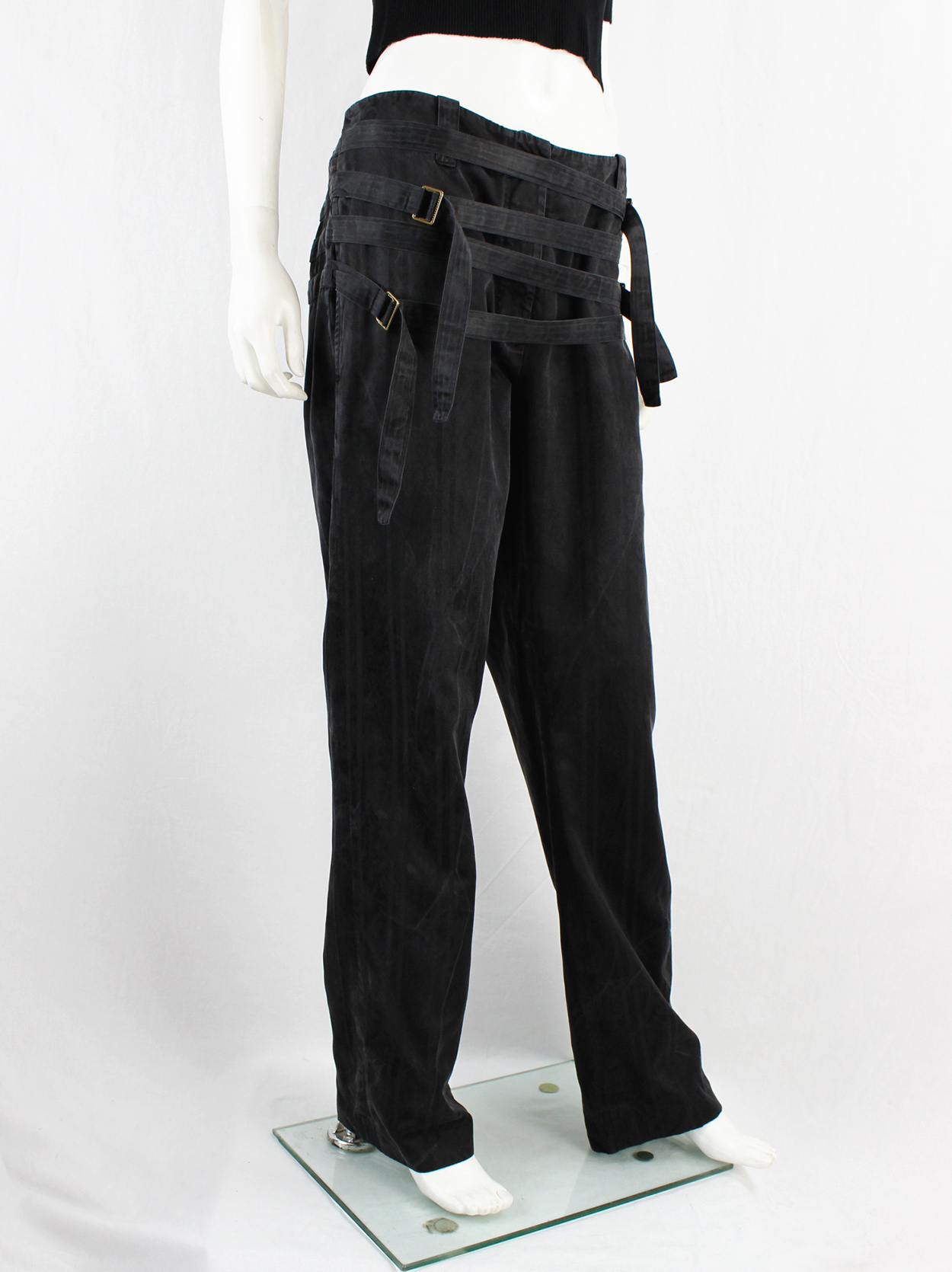 Ann Demeulemeester black wide trousers with quadruple front belt