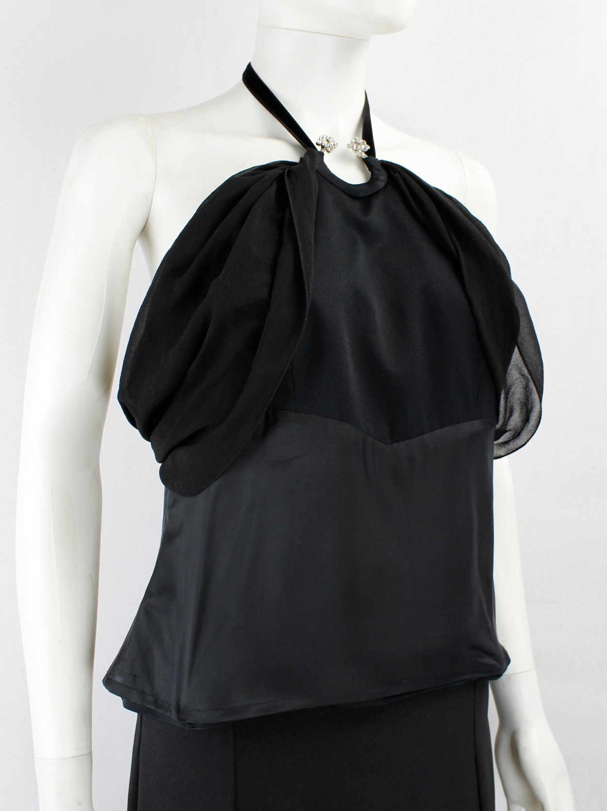Maison Martin Margiela black backless halter top with silk draping 