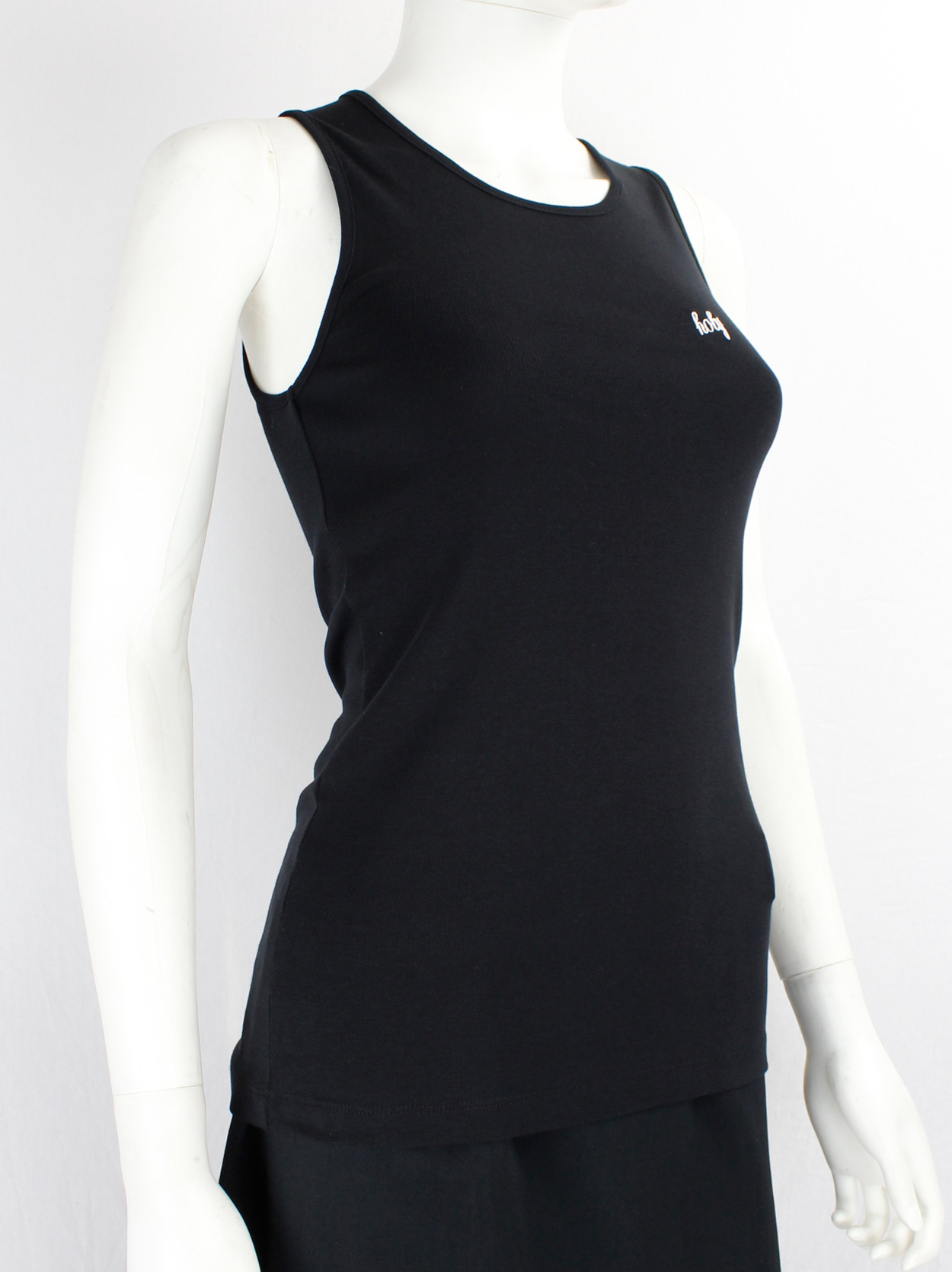 Ann Demeulemeester black tanktop with 'holy' embroidered in white