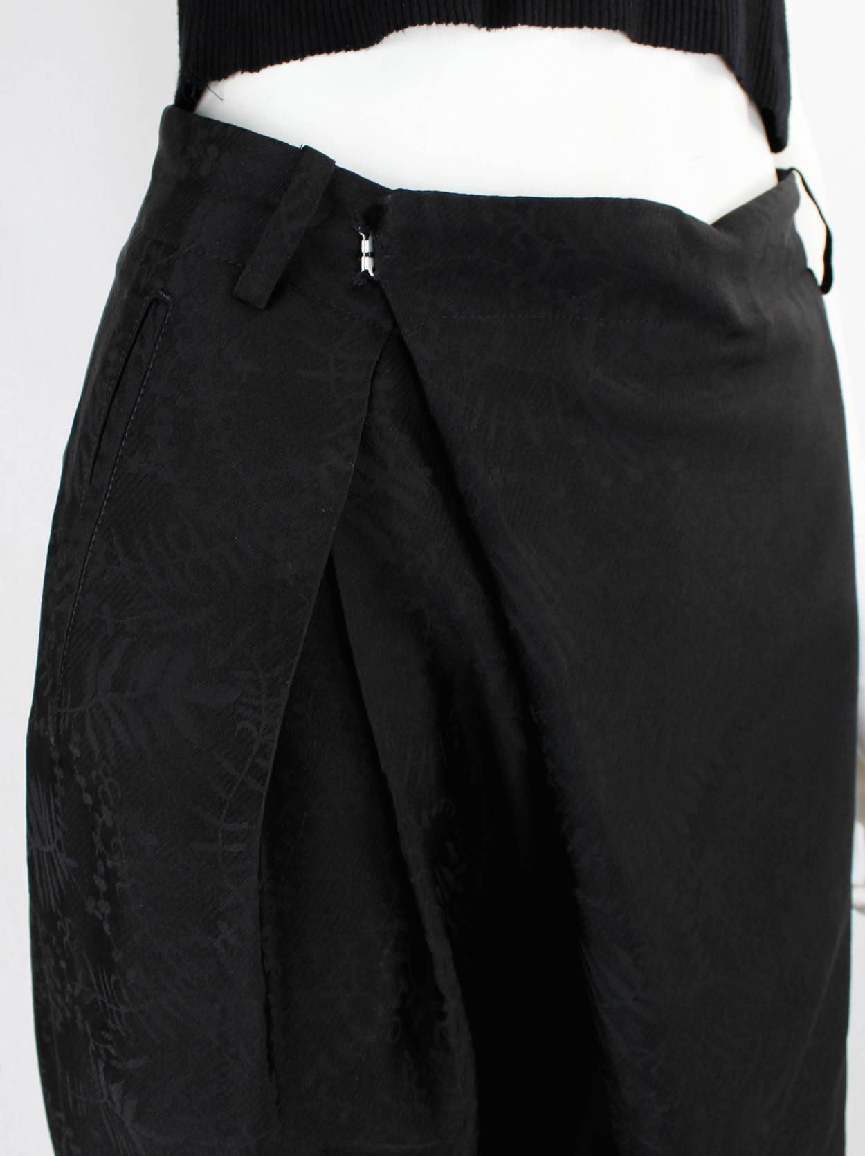 Noir Kei Ninomiya black brocade harem trousers with sharp front