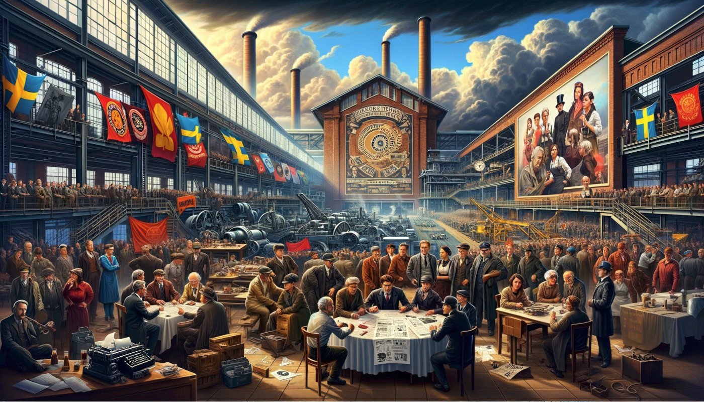 Bild på massa folk från förr i tiden som sitter vid bord inne på något som ser ut som en kombination av arena och fabriksgård.