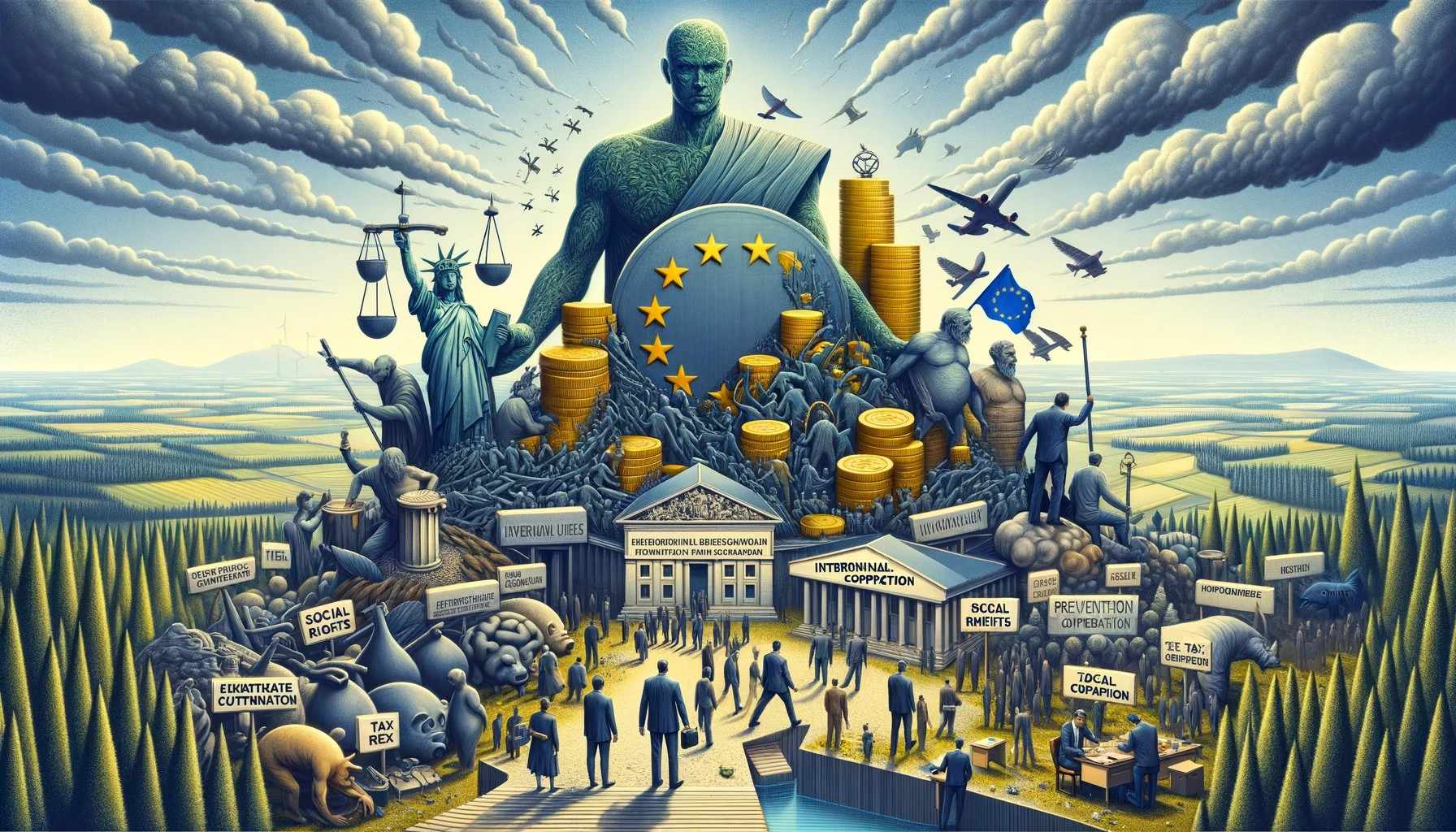 Bild på EU-staty och sköld, Frihetsgudinnan mm framför människor och en himmel med vita moln.