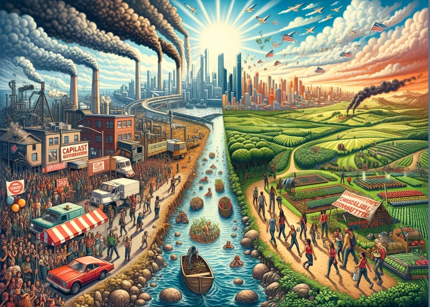 Bild på kapitalistiskt smutsigt samhälle, en å och ett vackert socialistiskt samhälle med grönska och glädje.