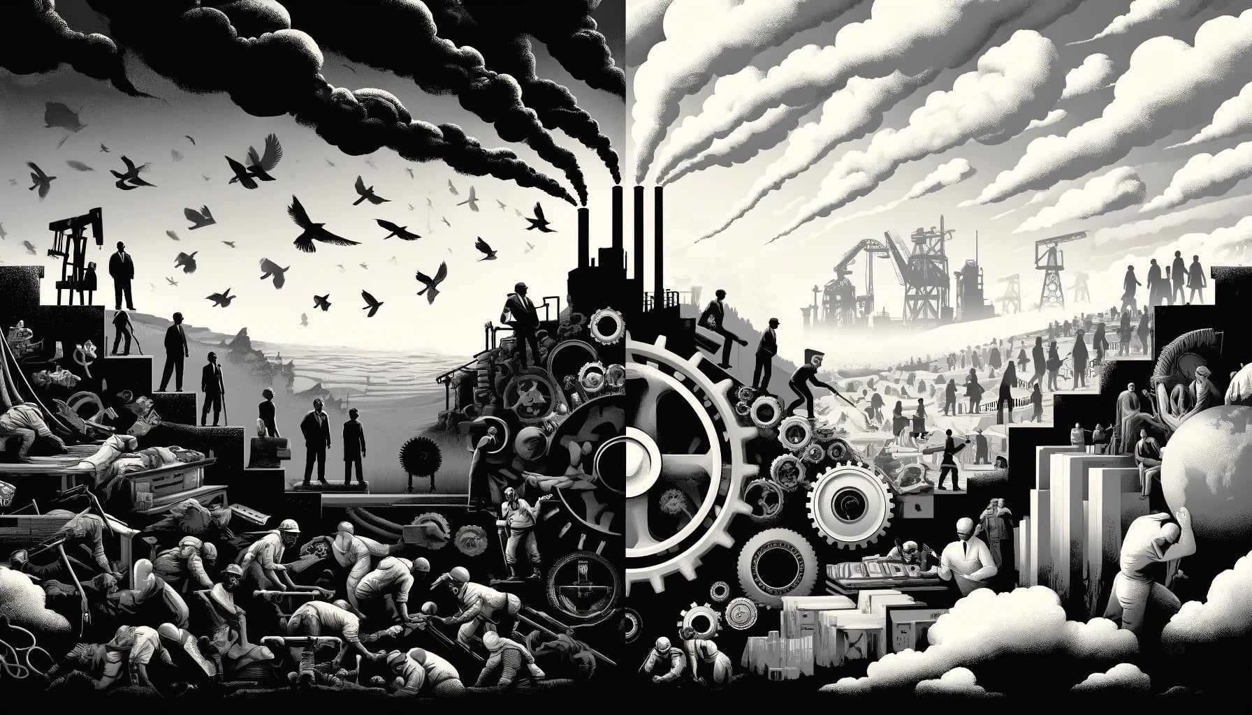 Bild på ett fabrikslandskap med kugghjul och skorstenar med rök.