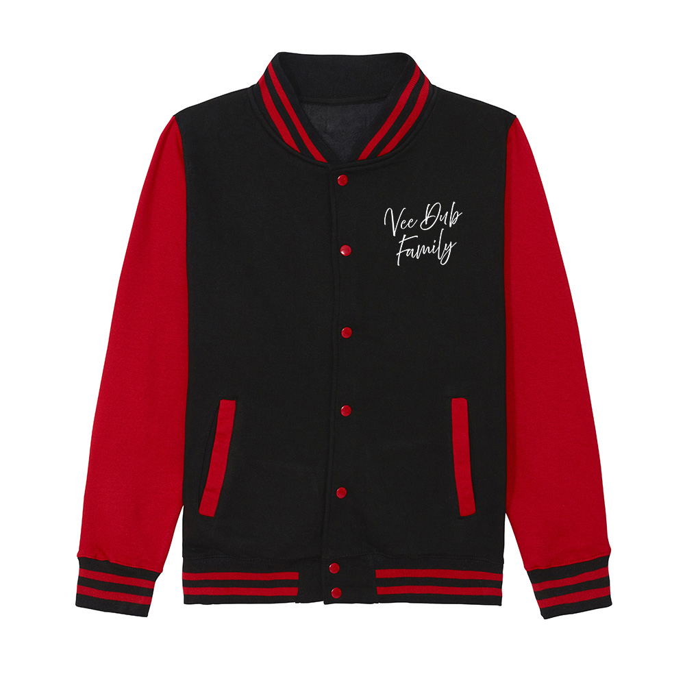 Vee Dub Family Cocktail Logo Varsity Jacket - Black & Red Front