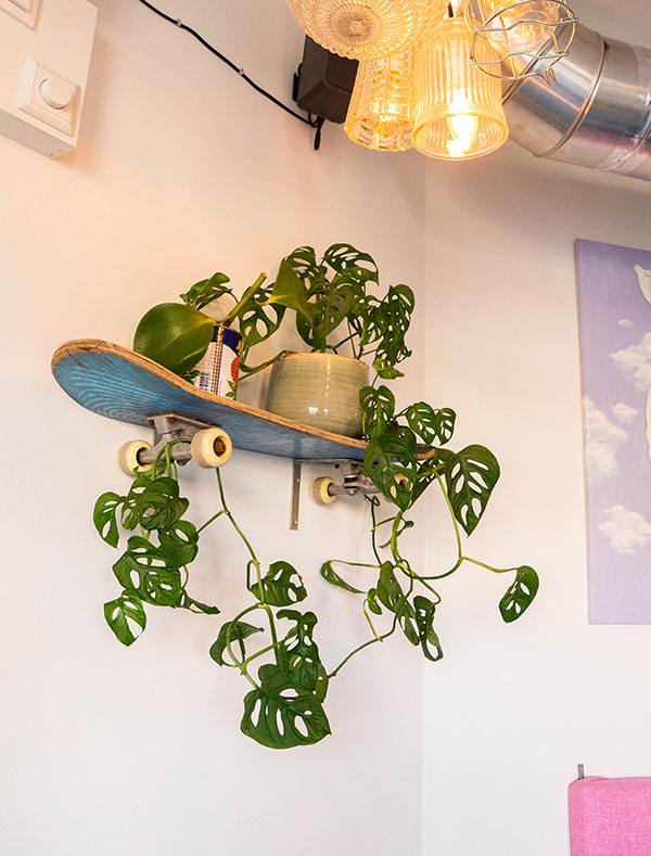 skateboards with plants eighties interior design at vegane glorie plantbased vegan restaurant