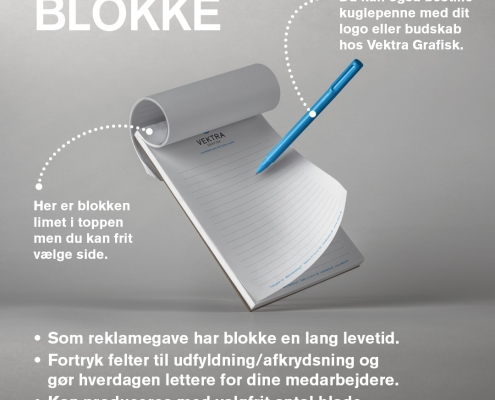 Blokke - som reklamegave har blokke en lang levetid. Fortryk felter til udfyldning/afkrydsning og gør hverdagen lettere for dine medarbejdere. Kan produceres med valgfrit antal blade.