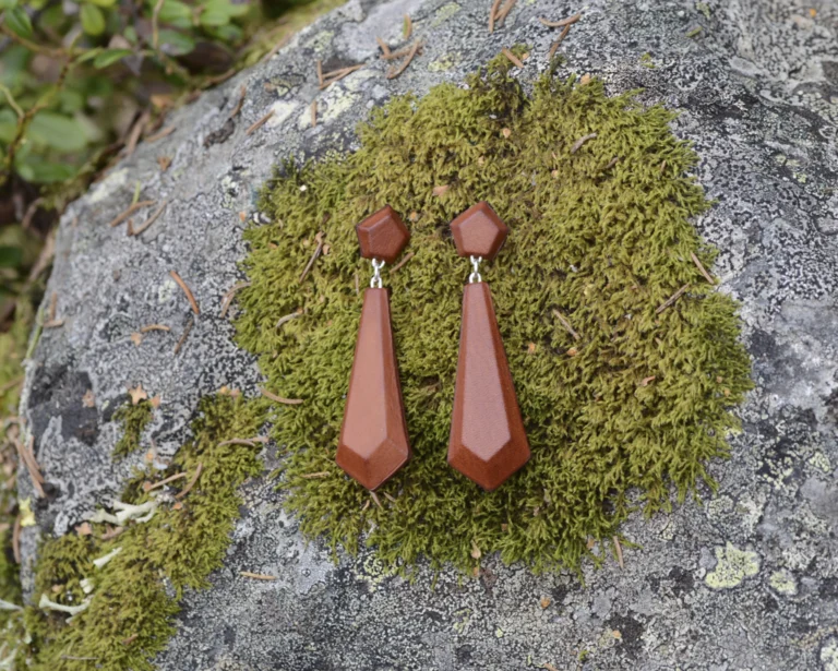 A pair of brown leather and silver earrings on a grey stone in a forest setting. The earrings are drop shaped with faceted edges.