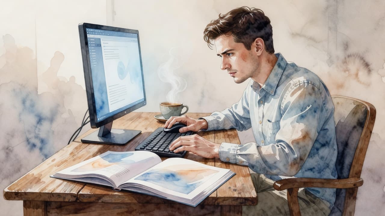 A person at a desk reviewing a computer screen next to a printed guide and coffee.