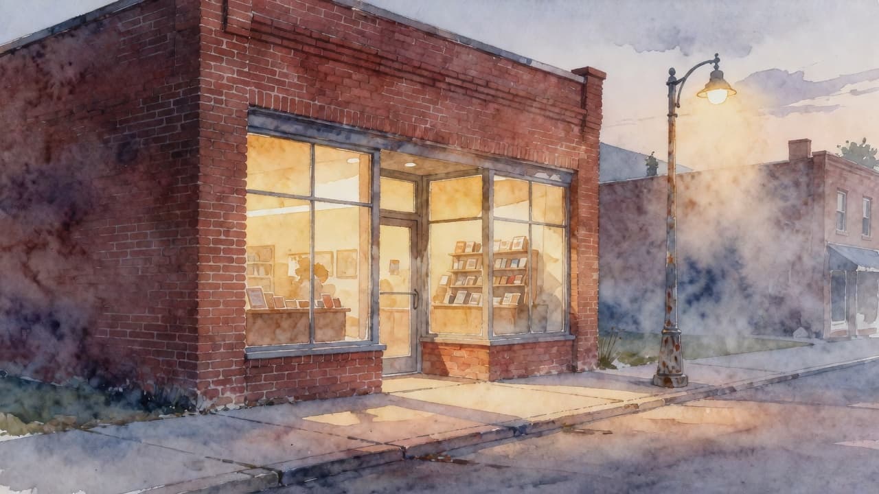 A cozy watercolor storefront glowing with warm lights on a quiet street.
