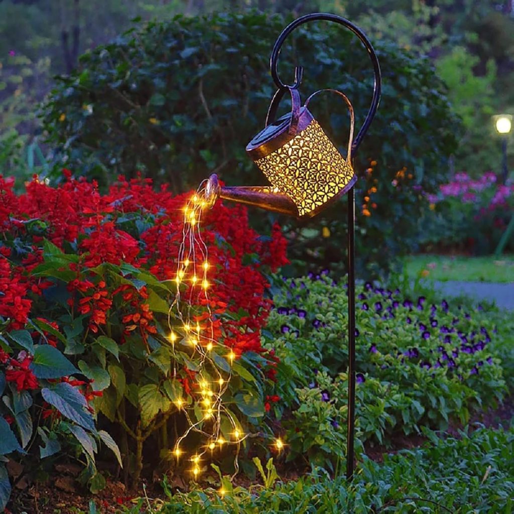 solar led light watering can garden feature
