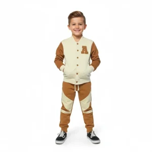 Kids Baseball Jacket Cream & Brown front view