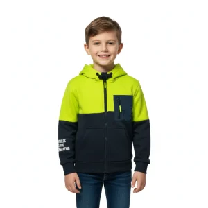 Kids Boys Zipper Hoodie Neon Green & Navy front view