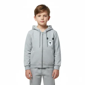 Kids Zipper Hoodie Grey Bear Face Print front