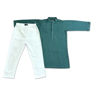 Kids Boys Dark Green Kurta with White Trouser