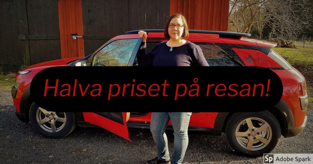 Vetmobilen som är röd och svart står i bakgrunden med Agneta Andersson framför. I förgrunden står det Halva priset på resan. Det är Septemberkampanj.