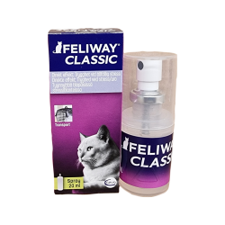 En blå, vit och lila kartong med en bild av en katt. En sprayflaska med lock står till höger i bild. Feliway classic spray 20 ml säljs i Vetbutiken. Ge din katt trygghet.